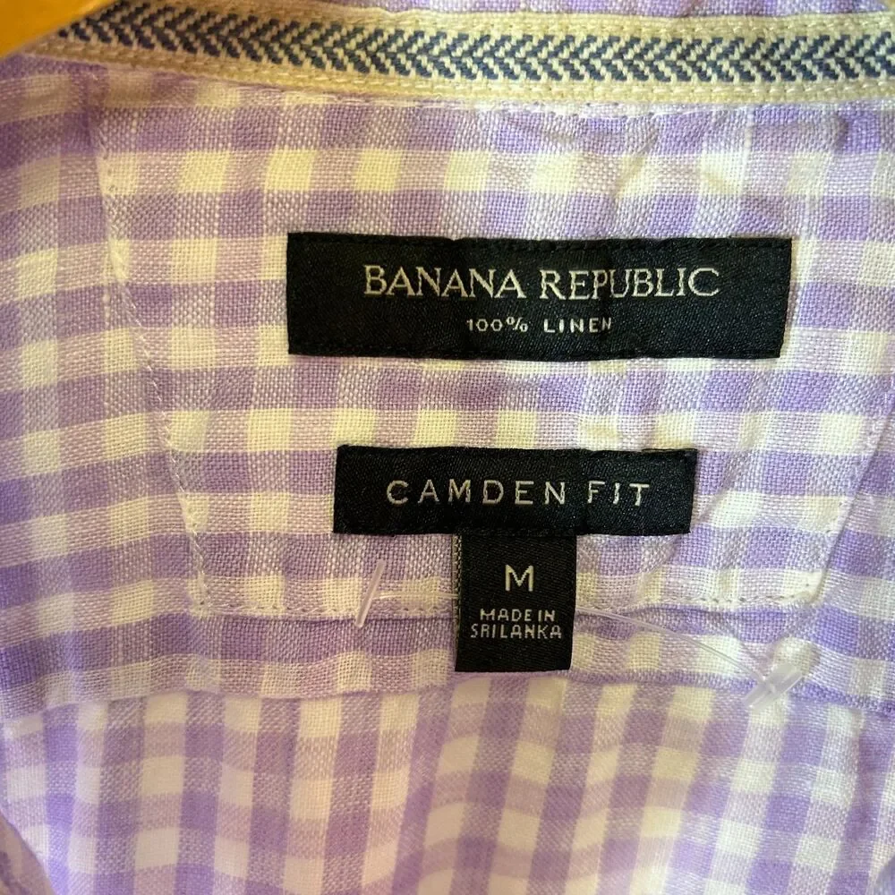 Banana Republic Men's Lavender White Linen Gingham SS Button-Down Shirt Size M